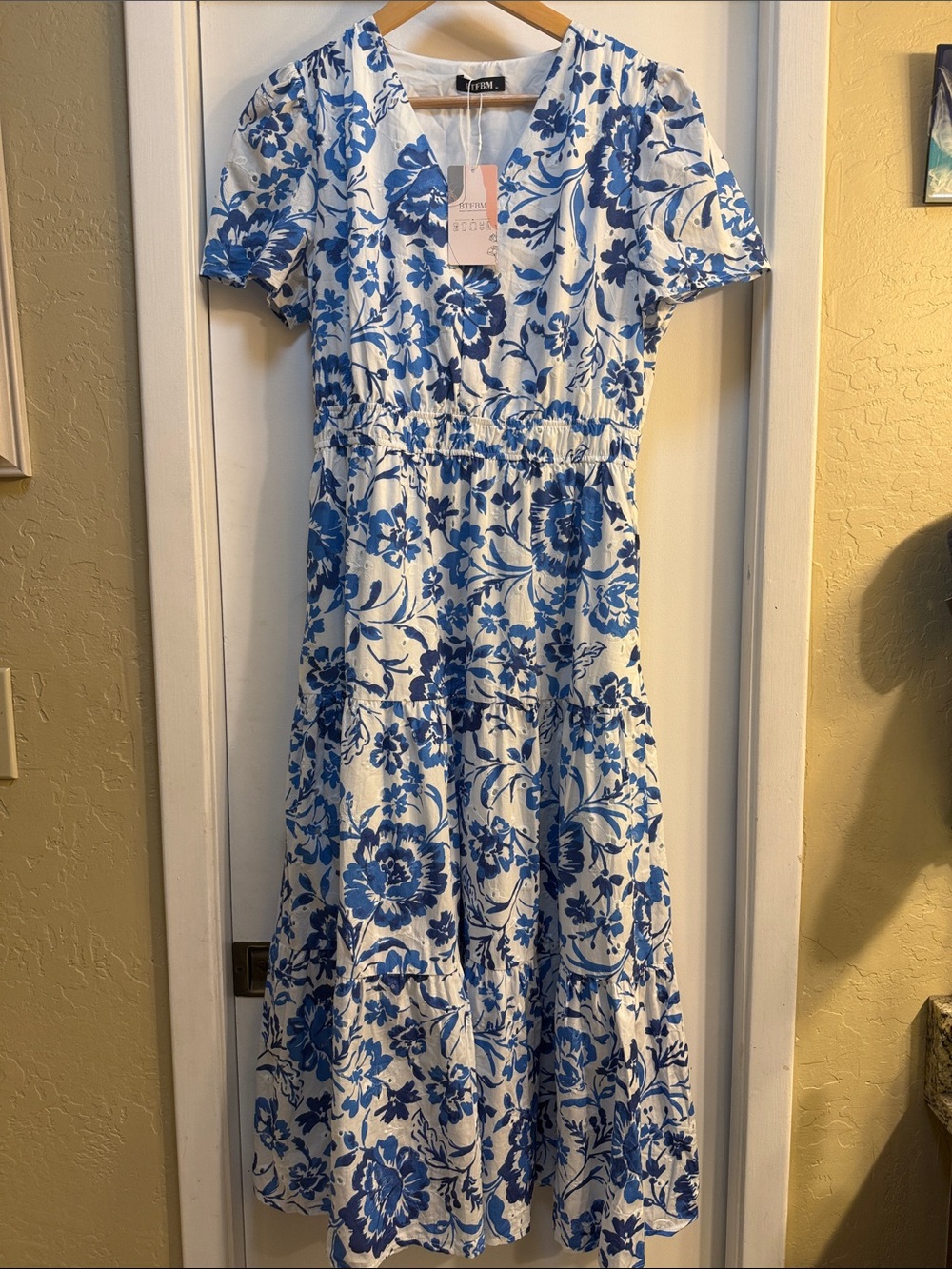 Blue & White Floral Tiered Midi Dress